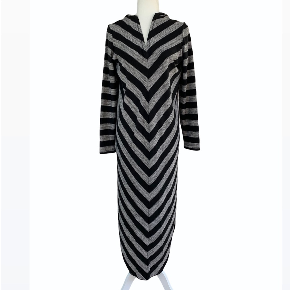 Free People Beach Black & Gray Chevron Stripe Print Hooded L/S Maxi Dress